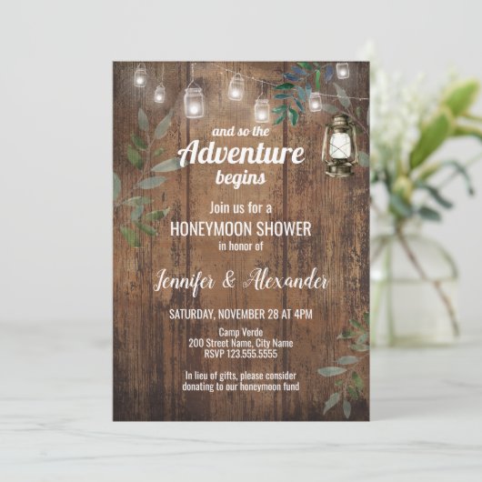 Honeymoon Shower Rustic Wedding Shower-uitnodiging Kaart (Staand voorkant)