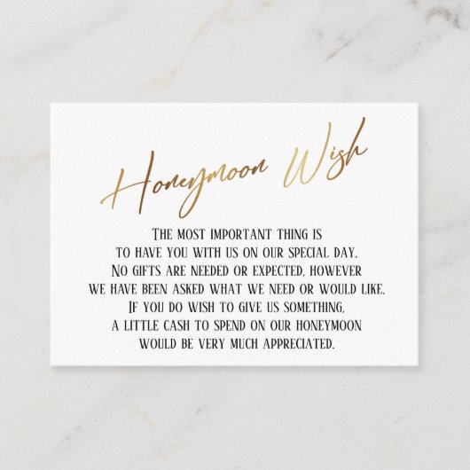 Honeymoon Wish Modern Gold Handwriting Wedding Informatiekaartje (Voorkant)