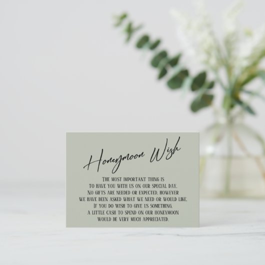 Honeymoon Wish Modern Handwriting Sage Green Informatiekaartje (Staand voorkant)