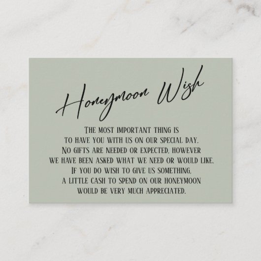 Honeymoon Wish Modern Handwriting Sage Green Informatiekaartje (Voorkant)
