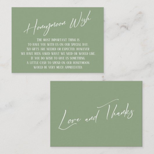 Honeymoon Wish Modern Handwriting Sage Green Informatiekaartje (Voorkant / Achterkant)