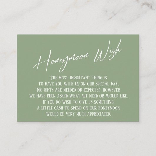 Honeymoon Wish Modern Handwriting Sage Green Informatiekaartje (Voorkant)