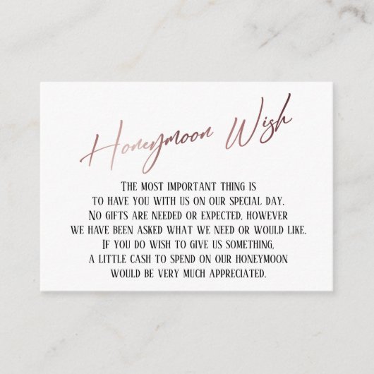 Honeymoon Wish Modern Roos Gold Handwriting Informatiekaartje (Voorkant)