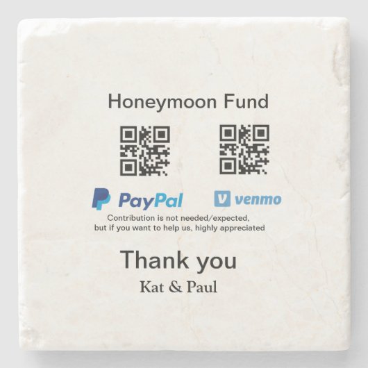 Honeymoonfonds PayPal Venmo QR-code dank je Stenen Onderzetter (Voorkant)