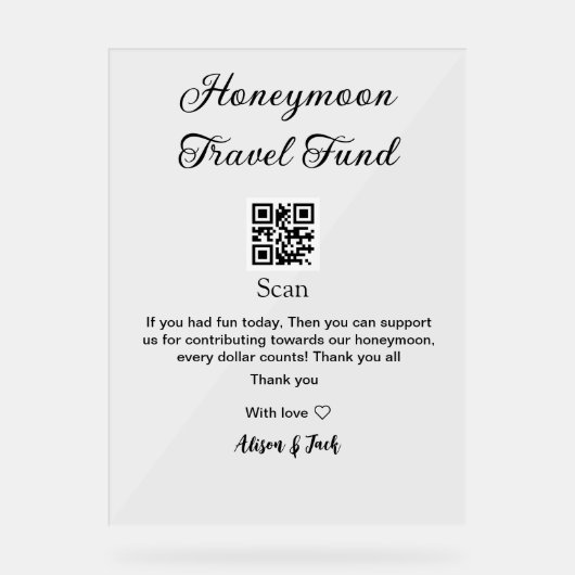 Honeymoonfonds scan QR-code naam toevoegen Acryl Bord (Voorkant)
