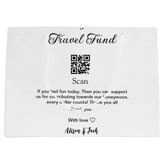 Honeymoonfonds scan QR-code naam toevoegen Groot Cadeauzakje (Voorkant)