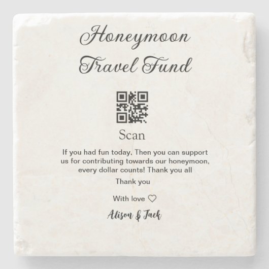 Honeymoonfonds scan QR-code naam toevoegen Stenen Onderzetter (Voorkant)