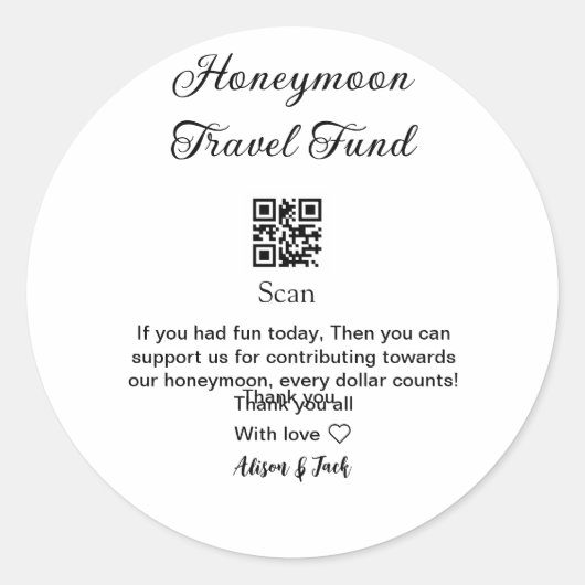 Honeymoonfonds scan QR-code voeg naam toe Ronde Sticker (Voorkant)