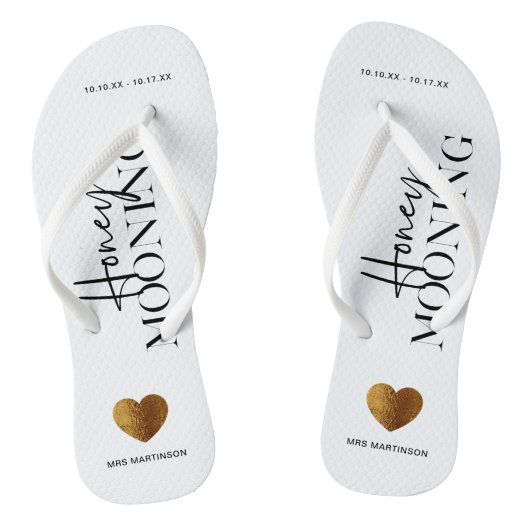 Honeymooning Black en White met naam en datum Teenslippers (Voetbed)