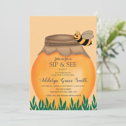 Honeypot en Bumblebee Sip Zie Baby shower Kaart (Staand voorkant)