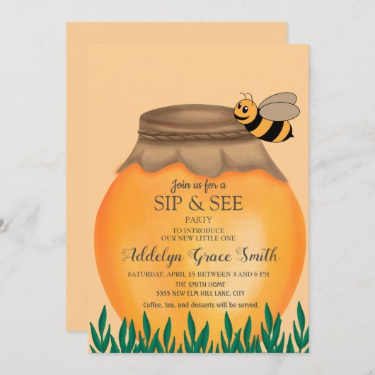 Honeypot en Bumblebee Sip Zie Baby shower Kaart (Voorkant / Achterkant)