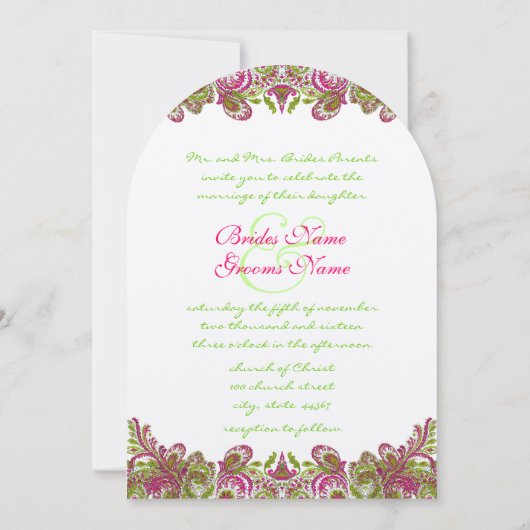 Honeysuckle Apple Green Paisley Wedding Invitation Kaart (Achterkant)