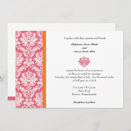 Honeysuckle en Coral Damask Wedding Invitation Kaart (Voorkant / Achterkant)