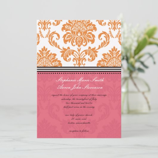 Honeysuckle en Coral Damask Wedding Invitation Kaart (Staand voorkant)