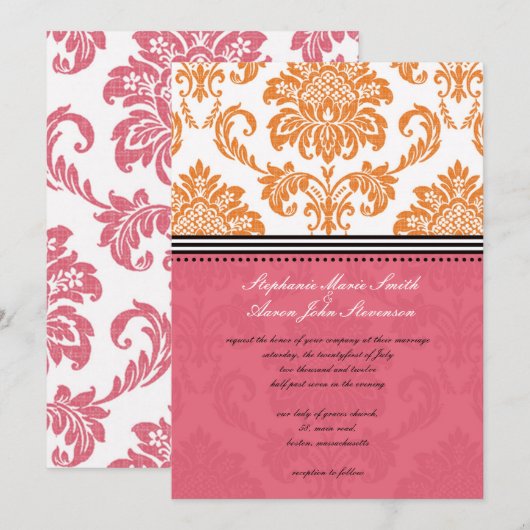 Honeysuckle en Coral Damask Wedding Invitation Kaart (Voorkant / Achterkant)