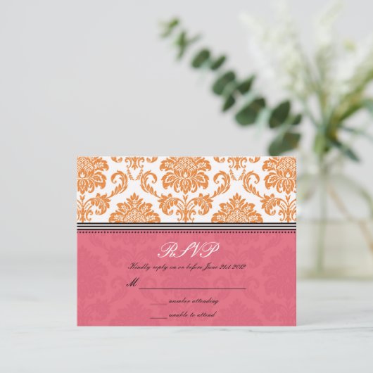 Honeysuckle en Tangerine Damask Wedding RSVP (Staand voorkant)