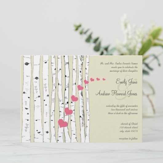 Honeysuckle Hearts Birch Tree Wedding Invitations Kaart (Staand voorkant)