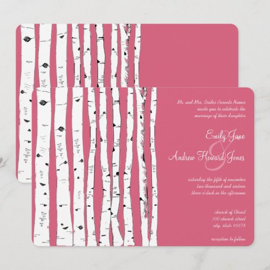 Honeysuckle Pink Birch Tree Wedding Invitations Kaart (Voorkant / Achterkant)