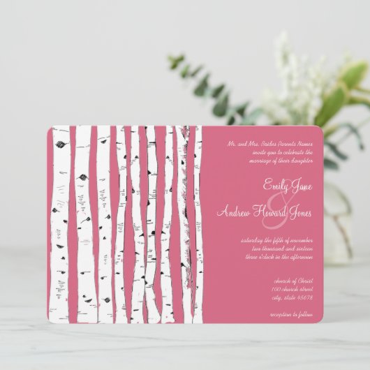 Honeysuckle Pink Birch Tree Wedding Invitations Kaart (Staand voorkant)