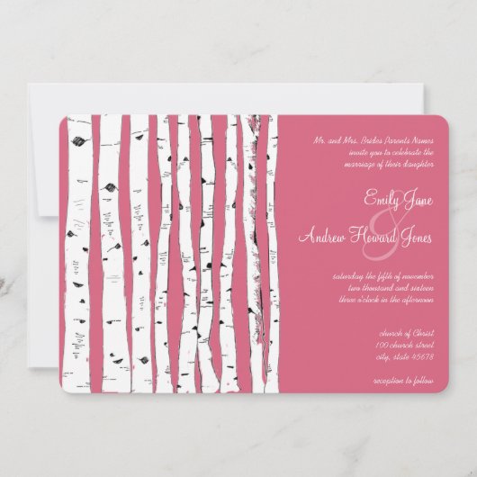 Honeysuckle Pink Birch Tree Wedding Invitations Kaart (Voorkant)