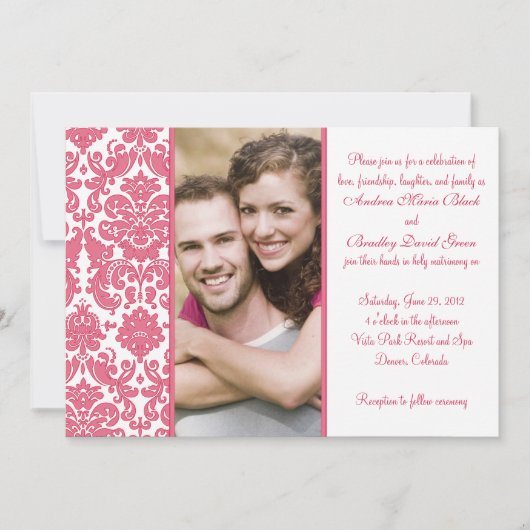 Honeysuckle Pink Damask Photo Wedding Invitation Kaart (Voorkant)