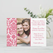 Honeysuckle Pink Damask Photo Wedding Invitation Kaart (Staand voorkant)