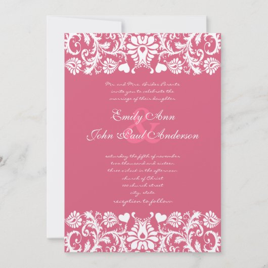 Honeysuckle Pink Damask Swirls Wedding Invitation Kaart (Voorkant)
