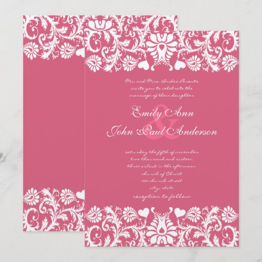Honeysuckle Pink Damask Swirls Wedding Invitation Kaart (Voorkant / Achterkant)