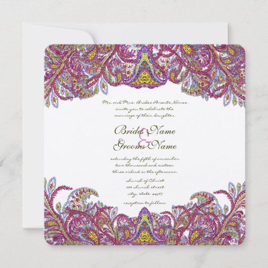 Honeysuckle Pink Peacock Paisley Wedding Invite Kaart (Voorkant)