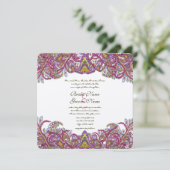 Honeysuckle Pink Peacock Paisley Wedding Invite Kaart (Staand voorkant)