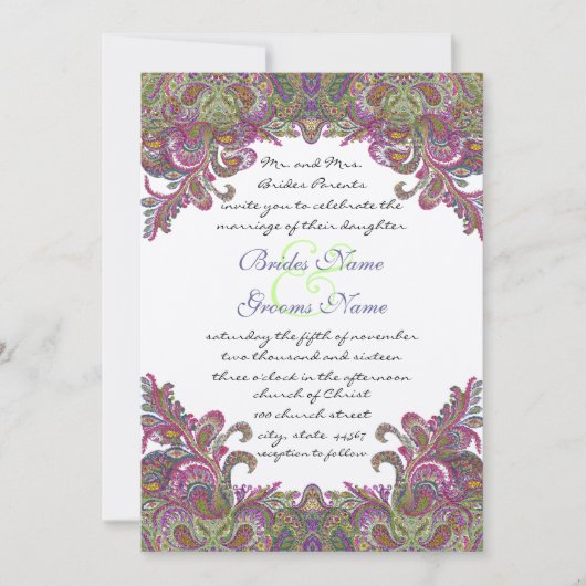 Honeysuckle Raspberry Peacock Paisley Wedding Kaart (Voorkant)