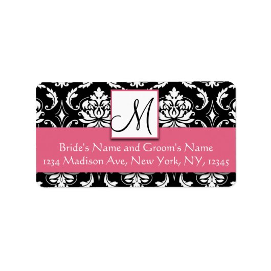 Honeysuckle Roze Damask Monogram Adresetiketten Etiket (Voorkant)