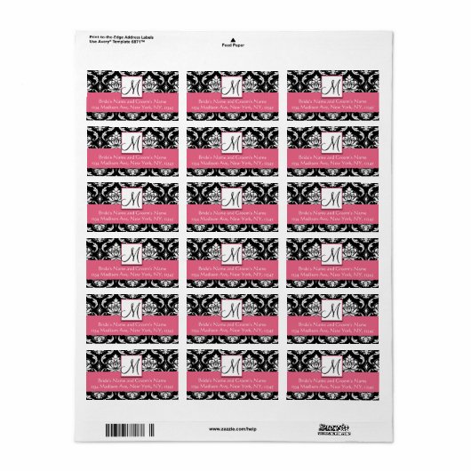 Honeysuckle Roze Damask Monogram Adresetiketten Etiket (Full Sheet)