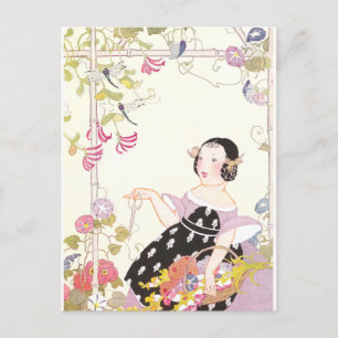 Honeysuckle Vine and Girl met Cut Flowers Briefkaart