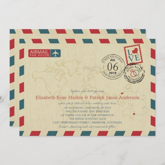 Hong Kong / Australië Antiek luchtpost | Bruiloft Kaart (Voorkant / Achterkant)