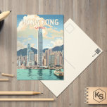 Hong Kong China Travel Art Vintage Briefkaart<br><div class="desc">Hong Kong retro vector reisontwerp. Een mix van oost en west: Hong Kong heeft een boeiende mix van Chinese en Westerne invloeden.</div>