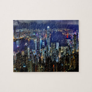 Hong Kong City Skyline Lights bij nacht Legpuzzel