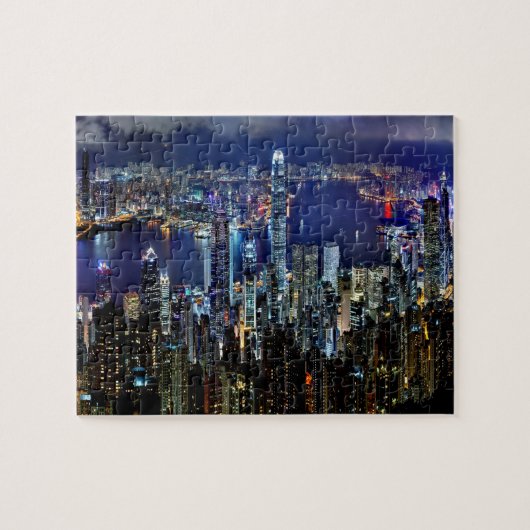 Hong Kong City Skyline Lights bij nacht Legpuzzel (Horizontaal)