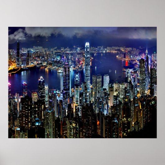 Hong Kong City Skyline Lights bij nacht Poster (Voorkant)