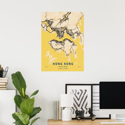 Hong Kong - Hong Kong Yellow City Map Poster (Thuiskantoor)