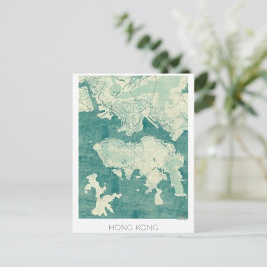 Hong Kong Map Blue  Waterverf Briefkaart (Staand voorkant)