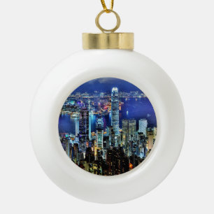 Hong Kong night skyline Keramische Bal Ornament