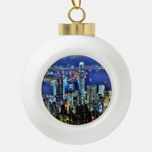 Hong Kong night skyline Keramische Bal Ornament (Voorkant)