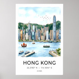 Hong Kong Silhouette Muurkunst - Waterverf Haven Poster