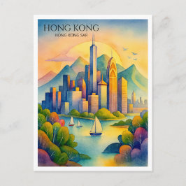 Hong Kong Silhouette Watercolor Ansichtkaart | Rei Feestdagenkaart