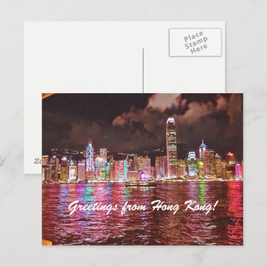Hong Kong Skyline Briefkaart - Red (Voorkant / Achterkant)