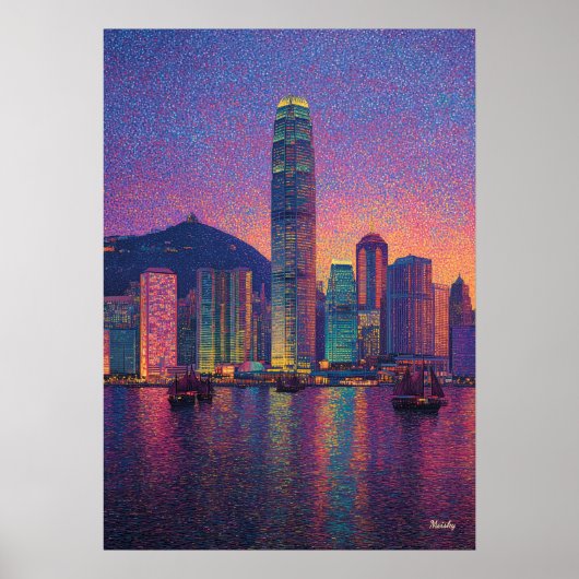 Hong Kong Skyline Pointillism Sunset Cityscape Poster (Voorkant)