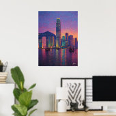 Hong Kong Skyline Pointillism Sunset Cityscape Poster (Thuiskantoor)
