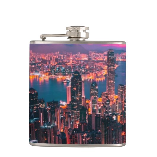 Hong Kong Skyscraper Skyline Night Lights Heupfles (Voorkant)