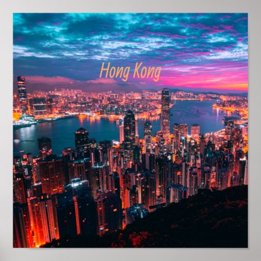 Hong Kong Skyscraper Skyline Night Lights Poster (Voorkant)